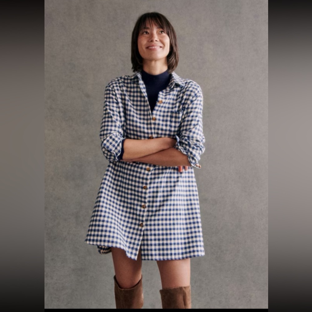 Sezane Sadie Organic Cotton Flannel Dress. Ecru Blue Checks.